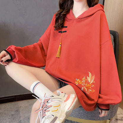 Floral Carp Embroidery Buckle Tassel Loose Hoodie