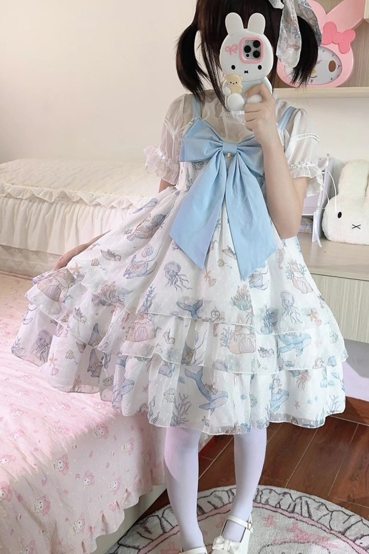 Ocean Sweetheart Halterneck Sleeveless Triple-Layered Printed Ruffled Bow Lace Sweet Strap Dress