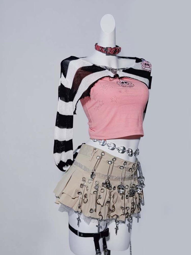 Punk Khaki Asymmetrical Hem Skeleton Cross Skirt