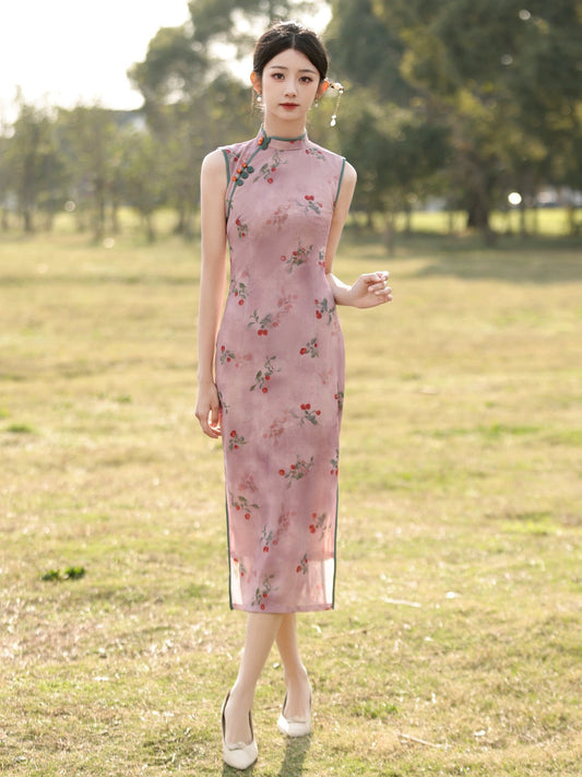 Cherry Blossom Sleeveless Long Cheongsam