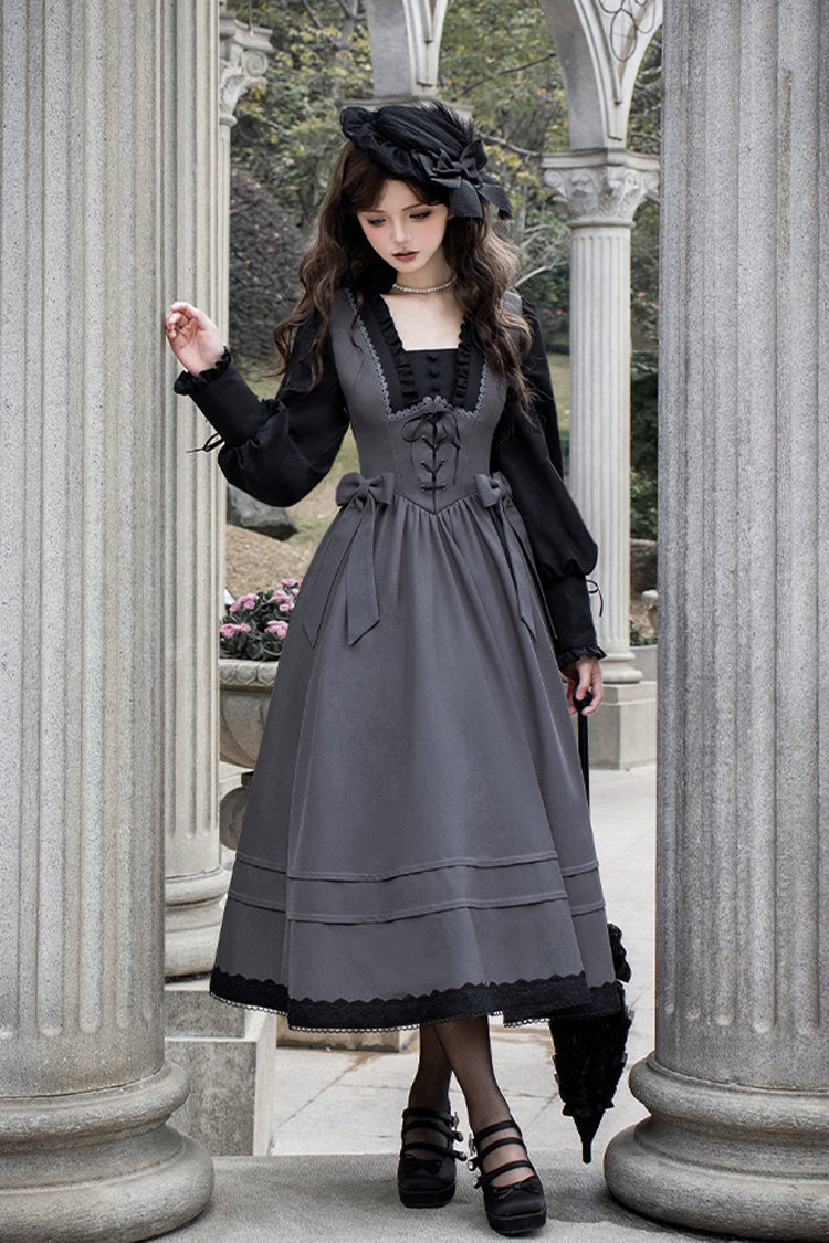 Ash Square-Collar Color-Block Lolita Gown with Lace-Up Bow