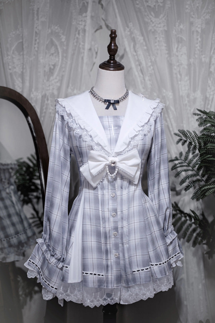 Dark Night Prayer Square Collar Long Sleeve Bow Lace Pearl Sweet Jirai Kei Dress and Shorts Set