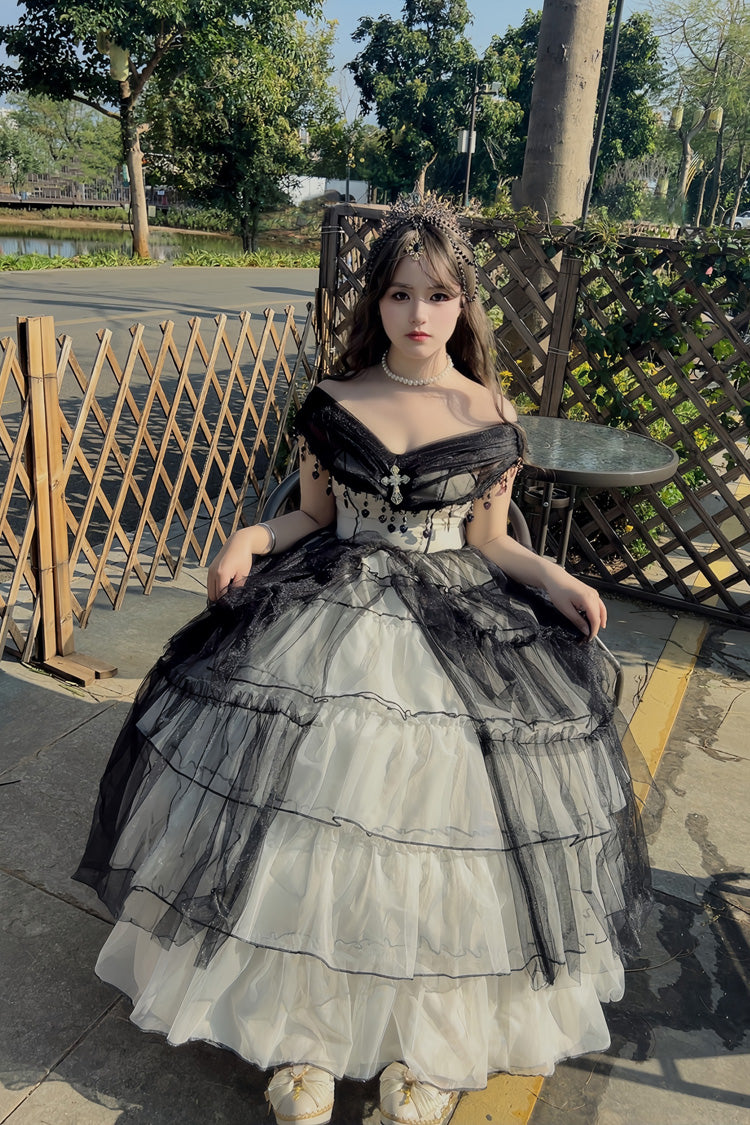 Monochrome Gothic Plus-Size JSK with Lace-Up Front and Hanayome Ruffles - Long