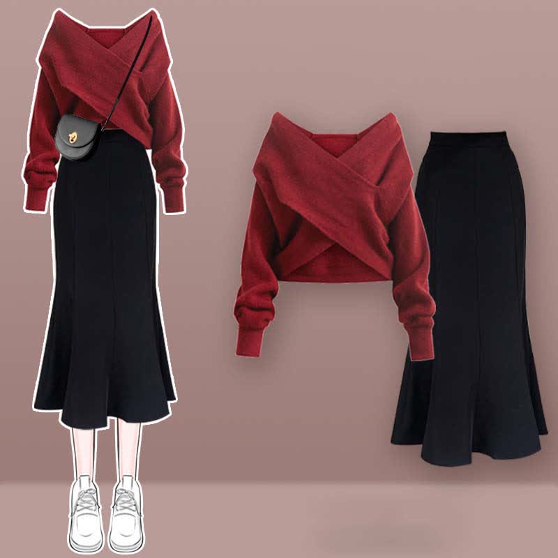 Chic V-neck Cross Knit Sweater Fishtail Skirt