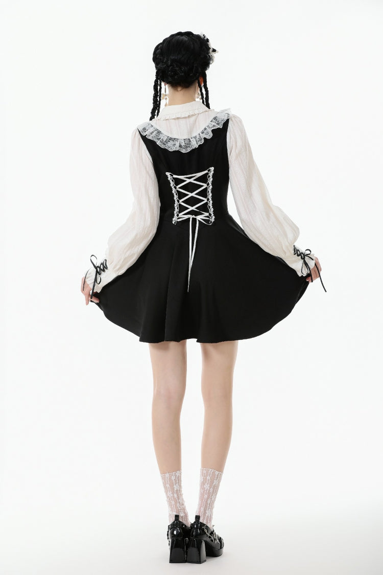 Black/White Faux Two-Piece Doll Collar Long Sleeves Lace-Up Women's Lolita Gothic Graduation Dress