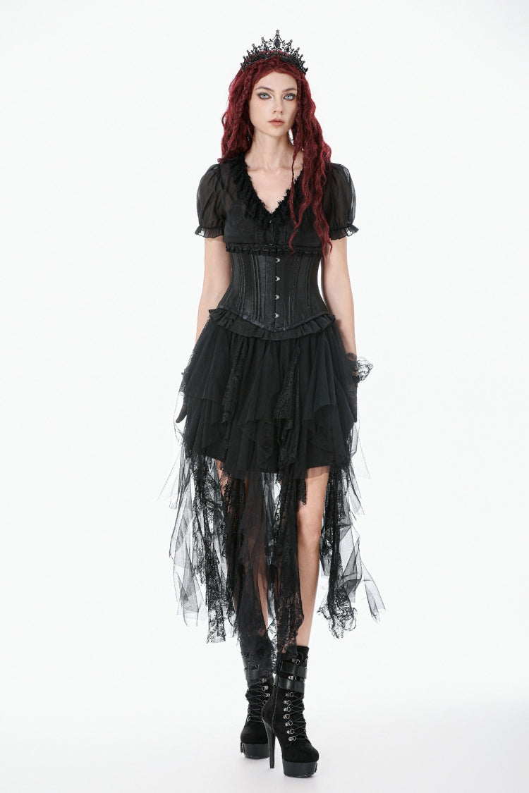 Matte Black Lace-Up Underbust Corset with Sheer Panels - Punk Style