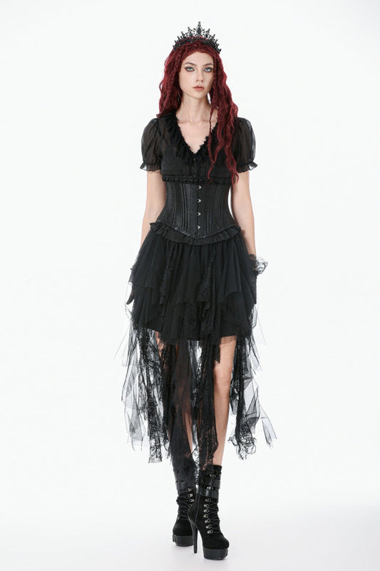 Matte Black Lace-Up Underbust Corset with Sheer Panels - Punk Style