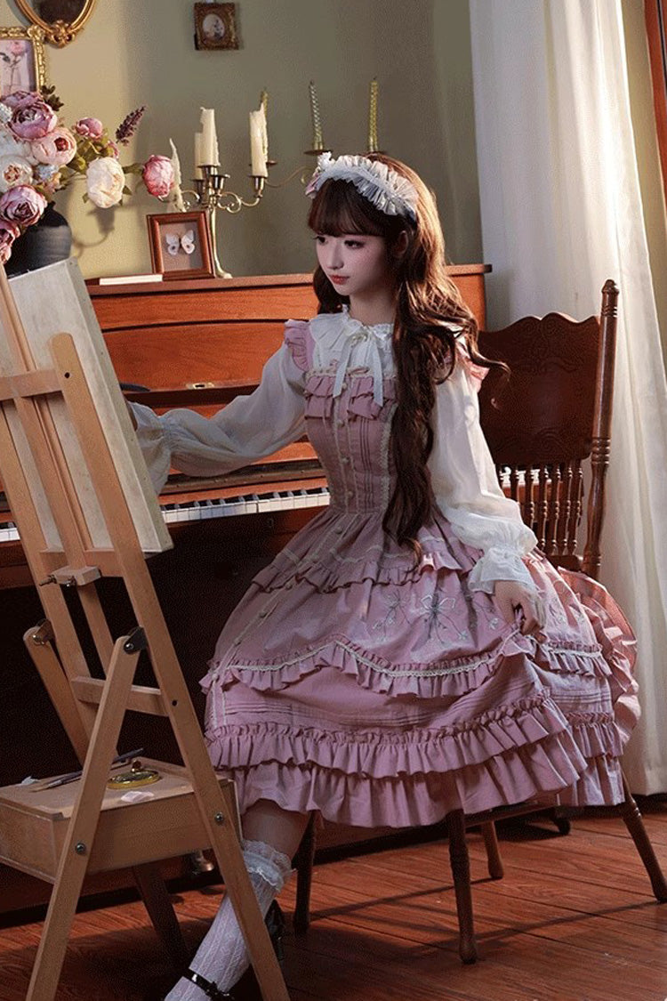 Pink Pastoral Double Ruffled Embroidery Sweet Lolita Jumper Dress