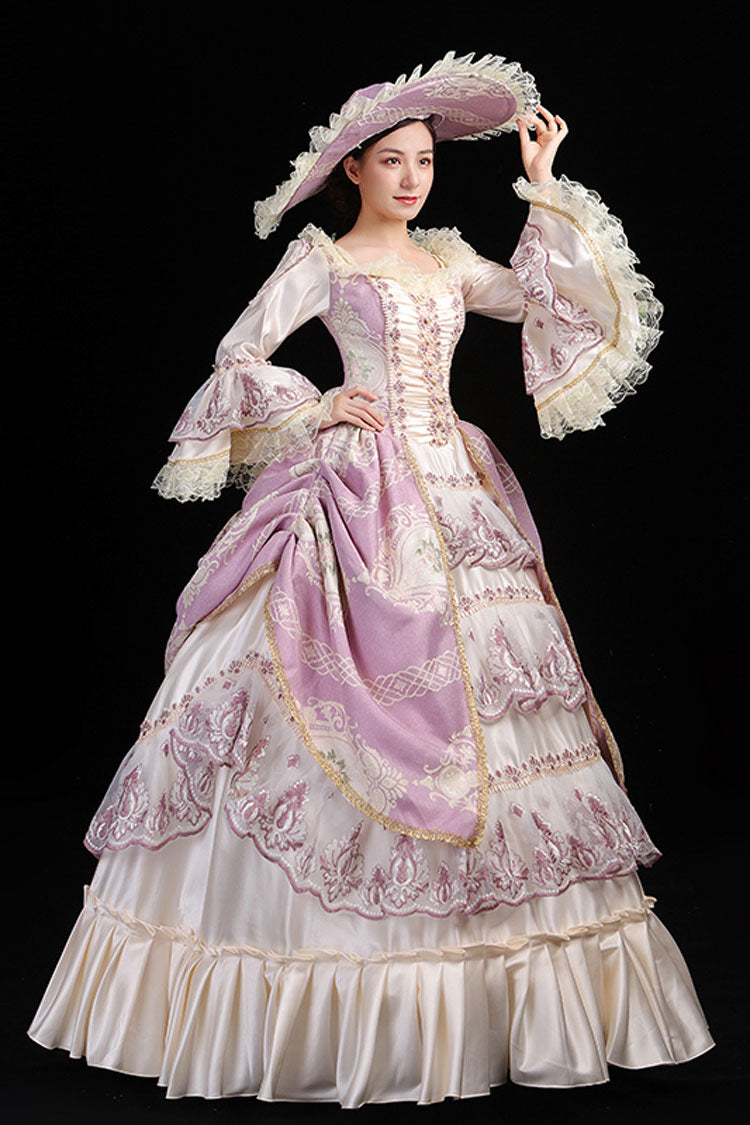 Pink and Champagne Trumpet Sleeve Victorian Gown - Hollow Embroidery