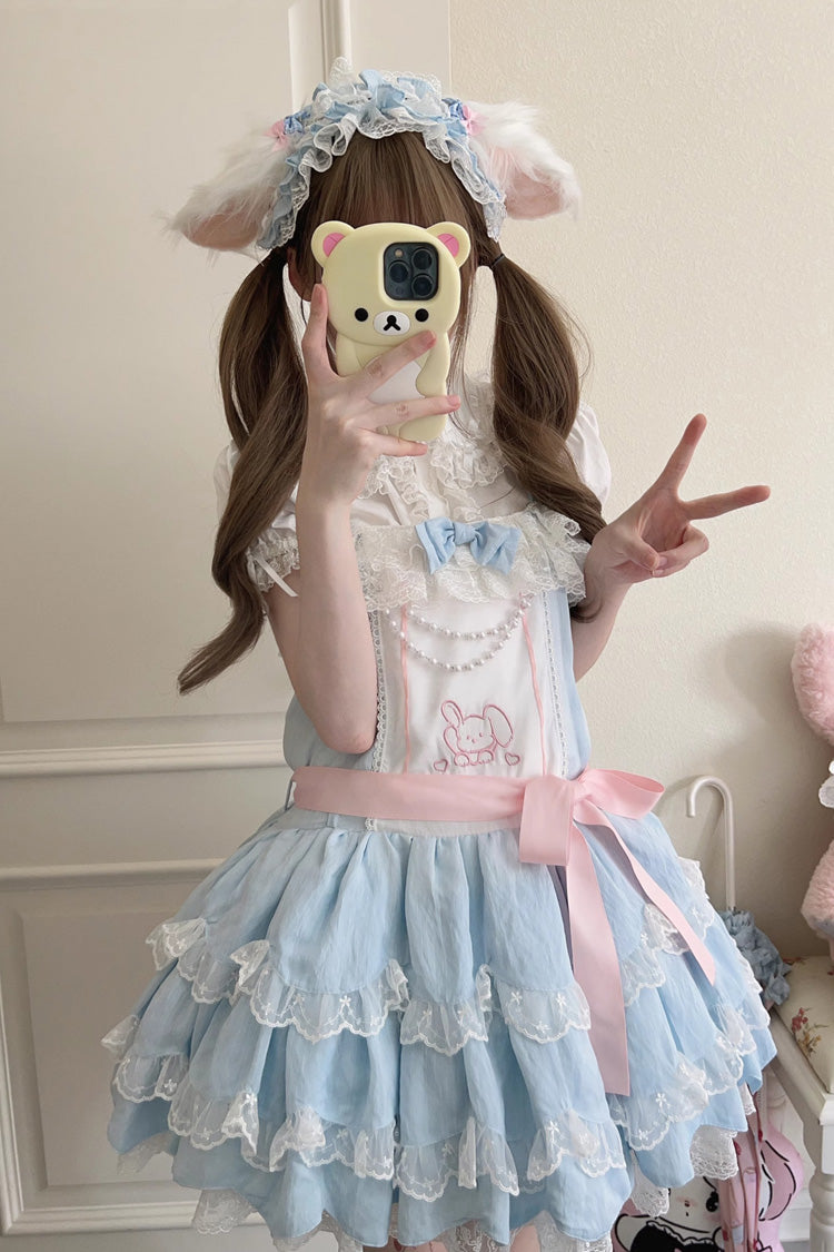 Blue Sleeveless Double Layer Ruffle Rabbit Embroidery Bow Lace Sweet Jsk