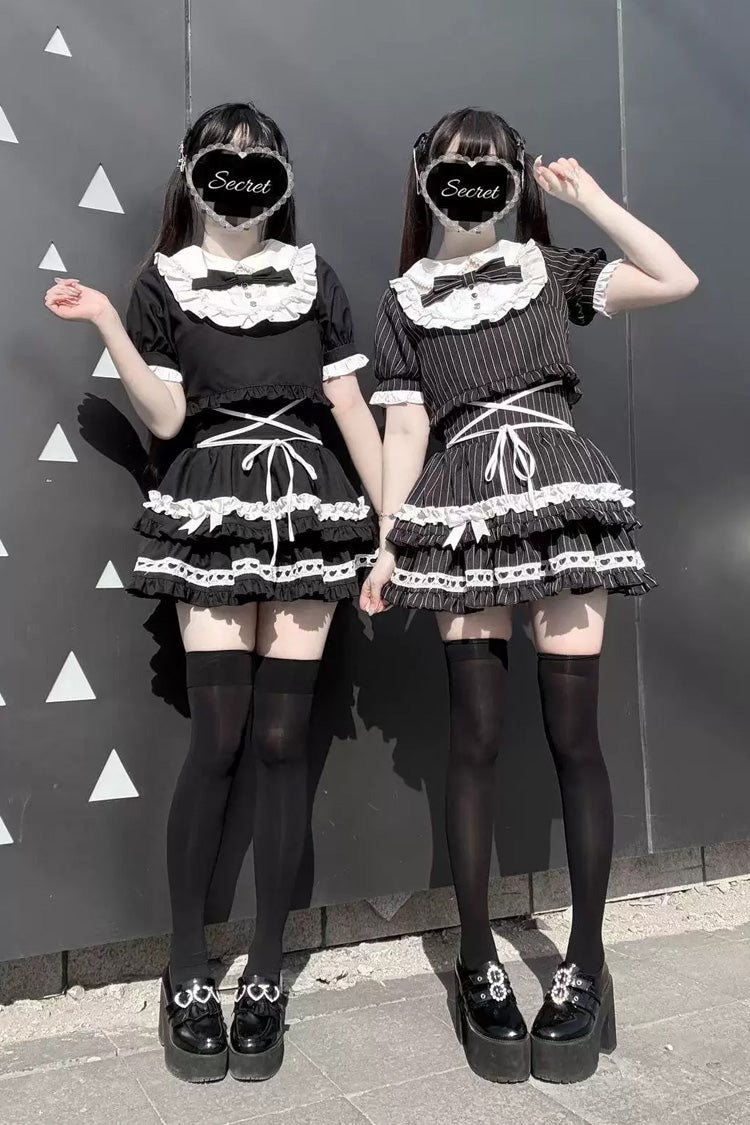 Japanese Skirt Set with Striped Print and Doll Collar