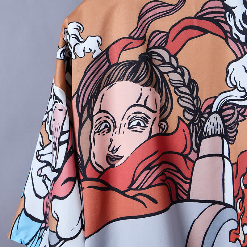 Cartoon Fire Print Casual Vintage Kimono Outerwear