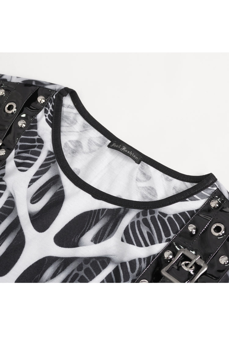 Monochrome Punk Vest with Round Collar and Cut-Out Print
