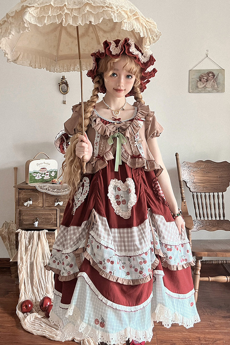 Cherry Print Multilayer Ruffle Embroidery Sweet Lolita Dress