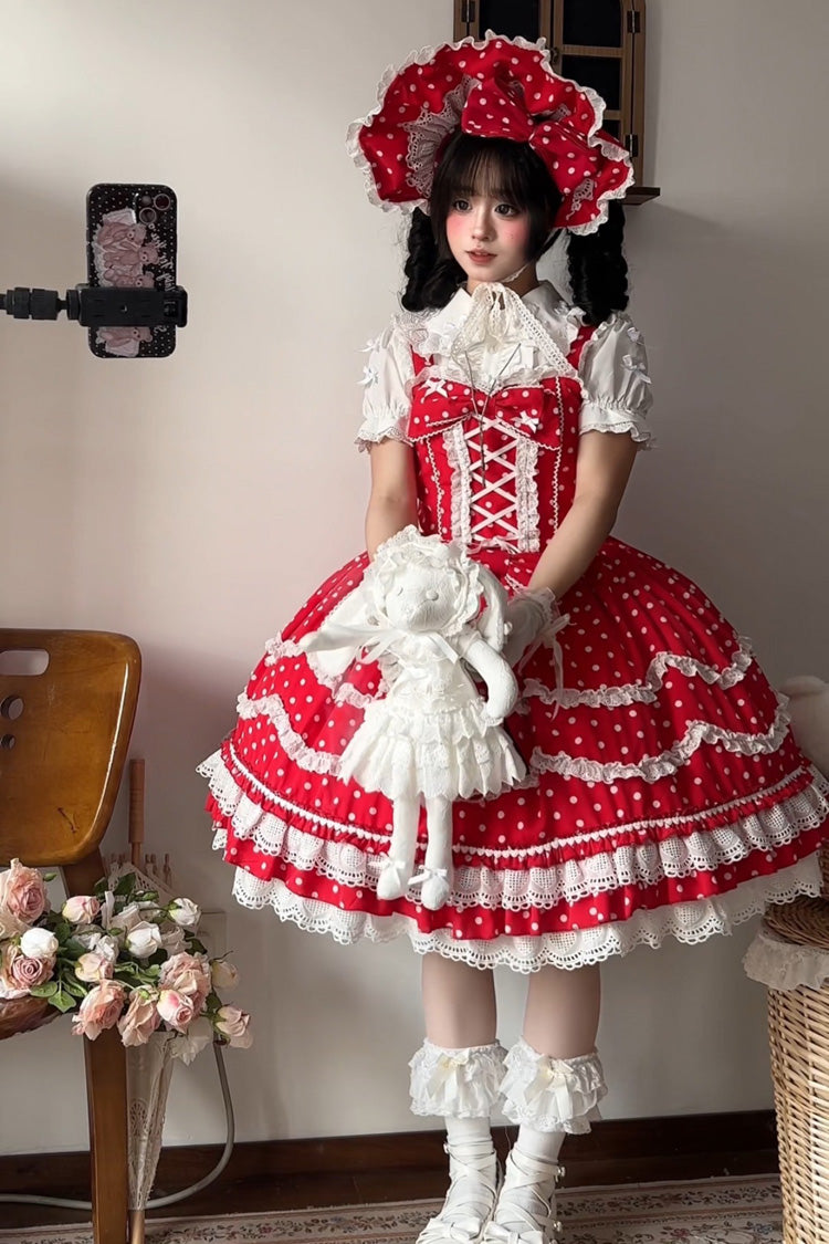 Red Polka Dot Floral Ruffle Lace Up Sweet Lolita Dress