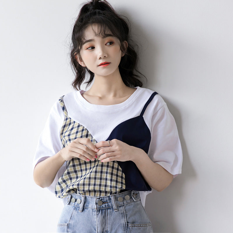 Sweet Plaid Color Block Fake Two Piece T-Shirt