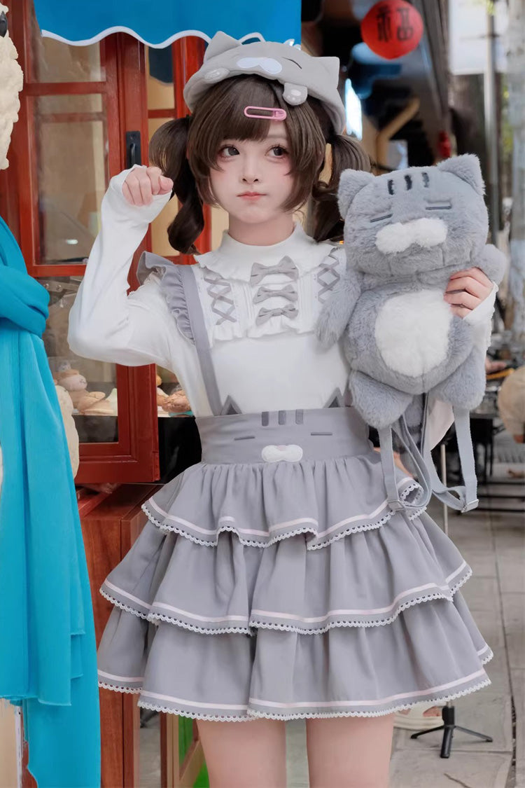 Grey Gloomy Cat Series Sleeveless Triple-Layered Ruffled Sweet Suspender Cake Strap Dress