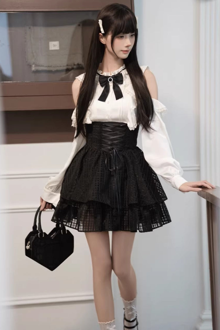 Monochrome Elegant Jirai Kei Skirt Set with Double-Layered Cut-Outs and Bow Lacing