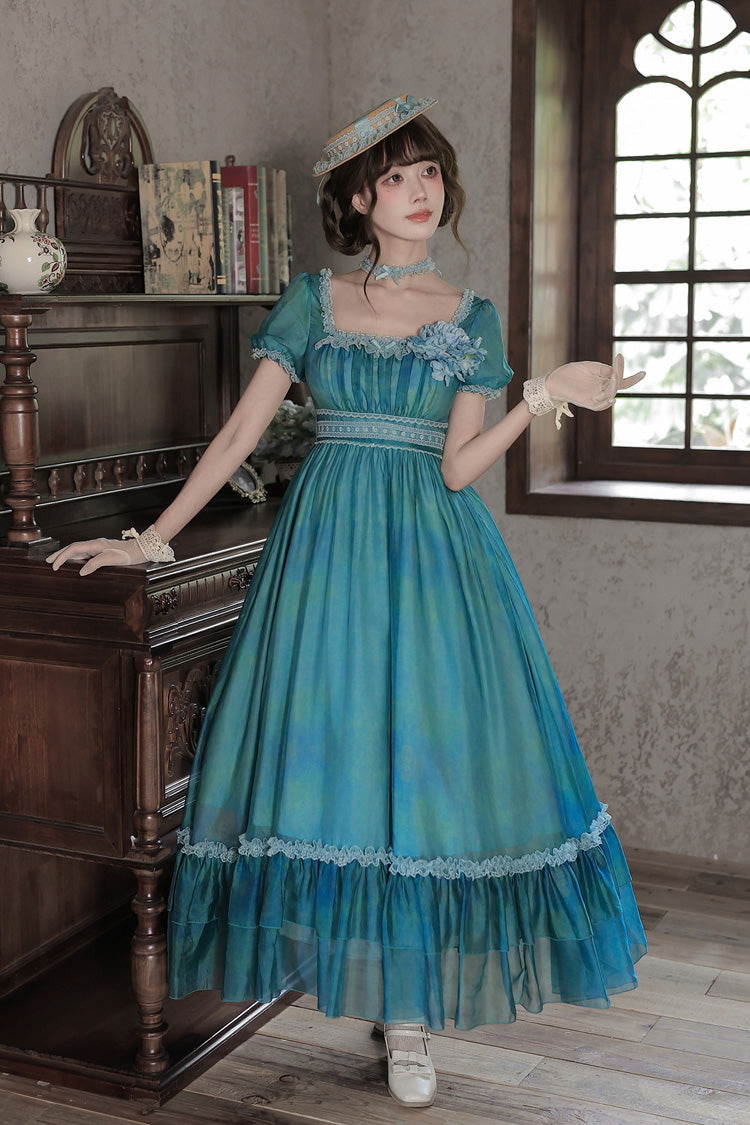 Water Lily Square Collar Ruffled Lace-Up Royal Lolita Dress