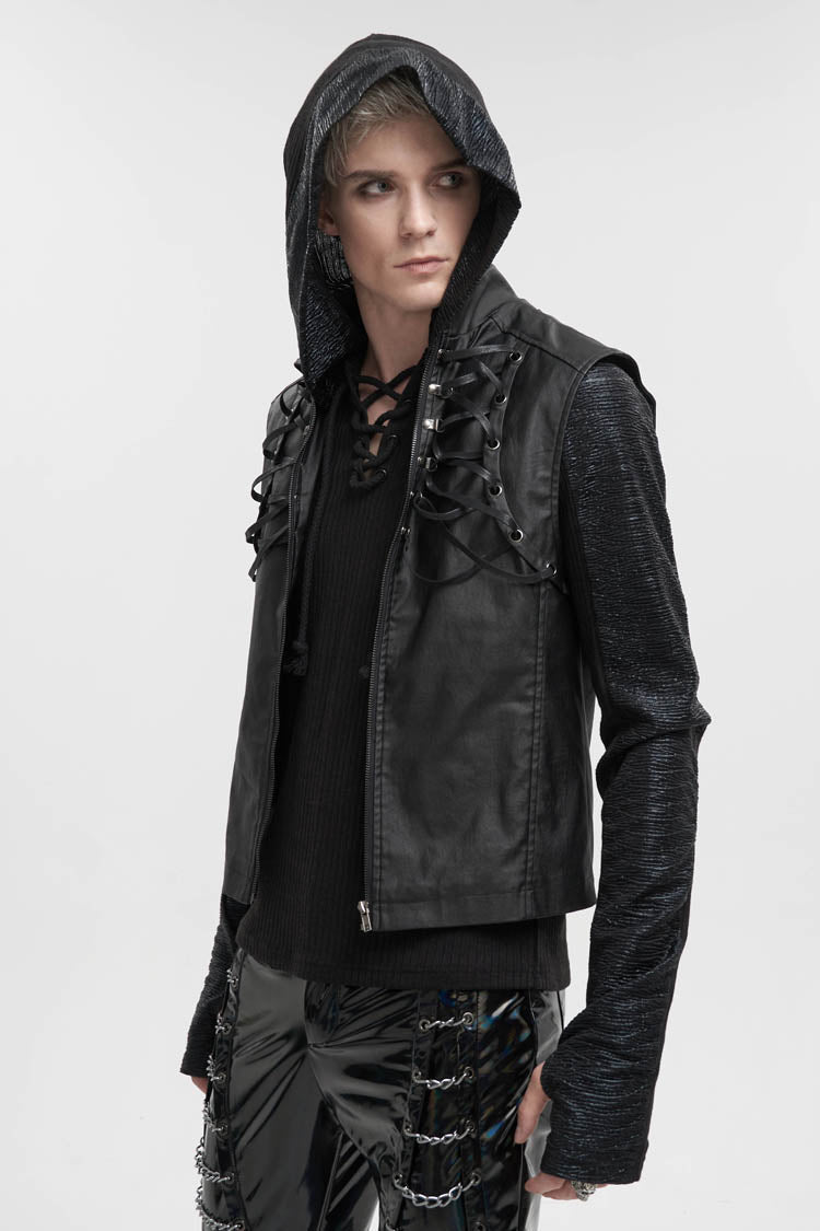 Men's Punk Vest in Black with Front & Rear String, Stretch Cotton & Stand Collar