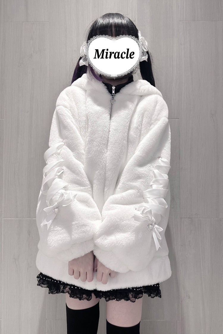 Bear Ears Long Sleeves Bow Lace-Up Hooded Zippered Sweet Jirai Kei Coat