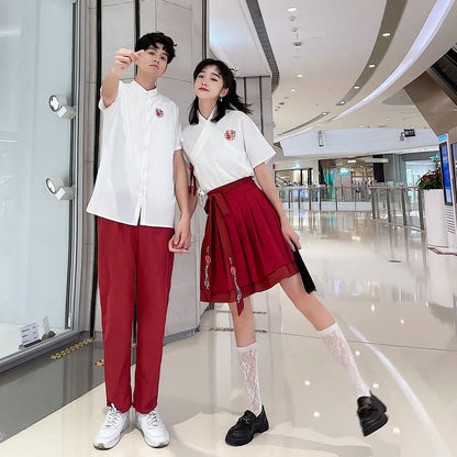 Couple Vintage Embroidery T-Shirt Lace Up Skirt Pants