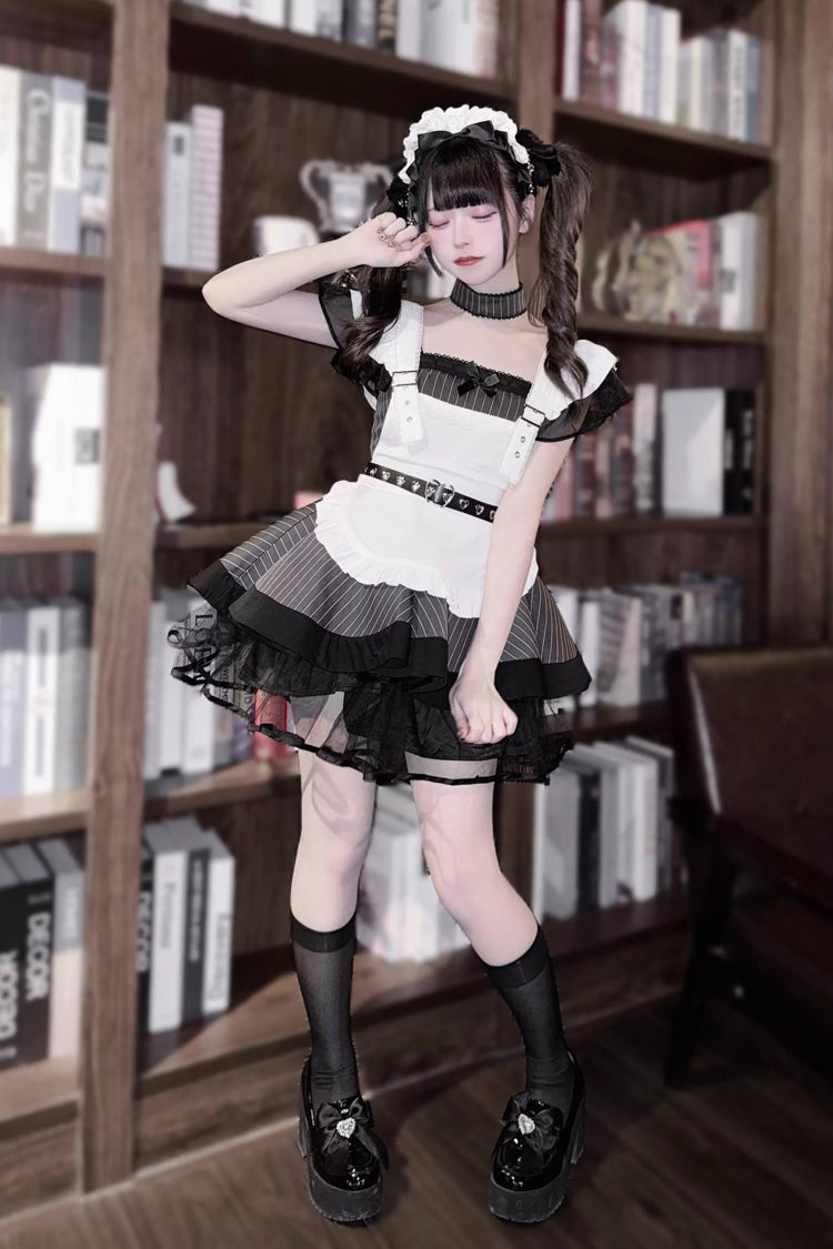 Jirai Kei Dress with Stripe Print, Ruffle, Short Sleeves, Grey/Black