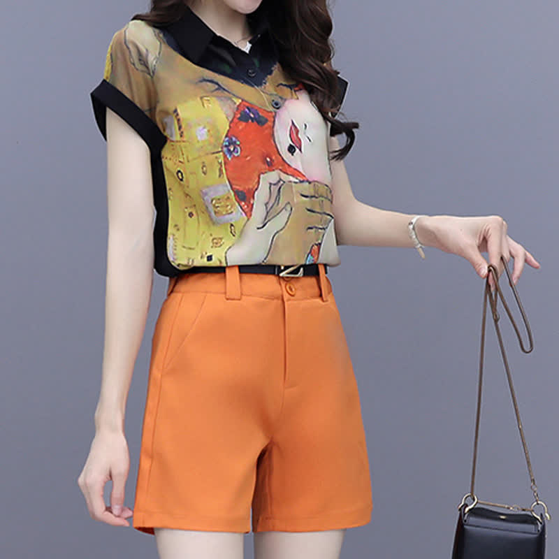 Girl Face Print Chiffon T-Shirt Casual Shorts