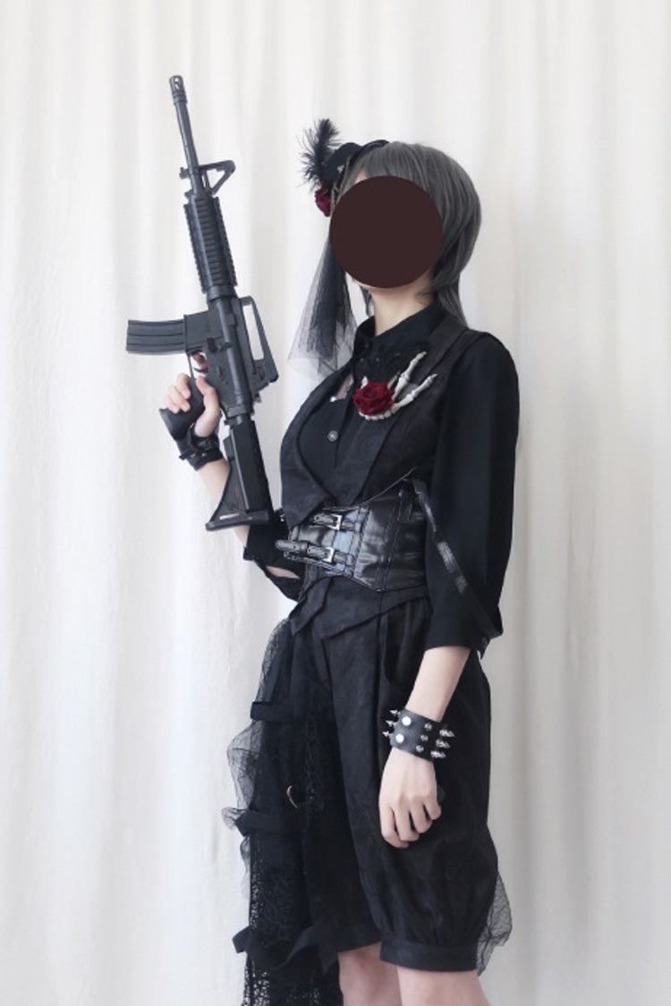 Noir Gothic Ouji Lolita Outfit with Diamond Lace