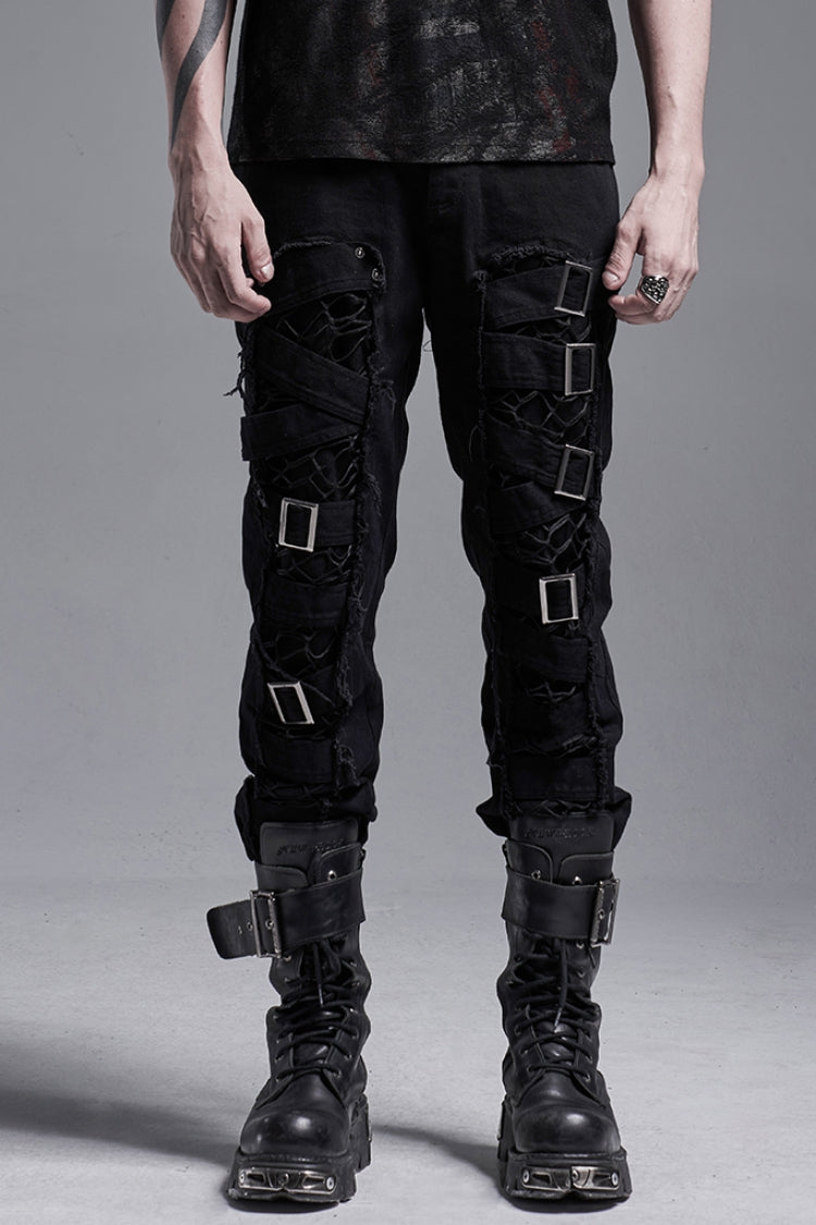 Ripped Gothic Pants with Bandage and Hollow Stitching