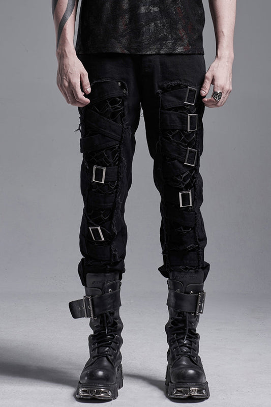 Ripped Gothic Pants with Bandage and Hollow Stitching