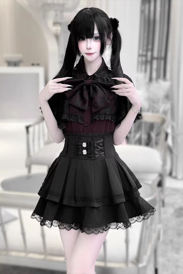 Gothic Embroidered Ruffled Top and Skirt Set with Lace-Up - Dark Moon Shadow