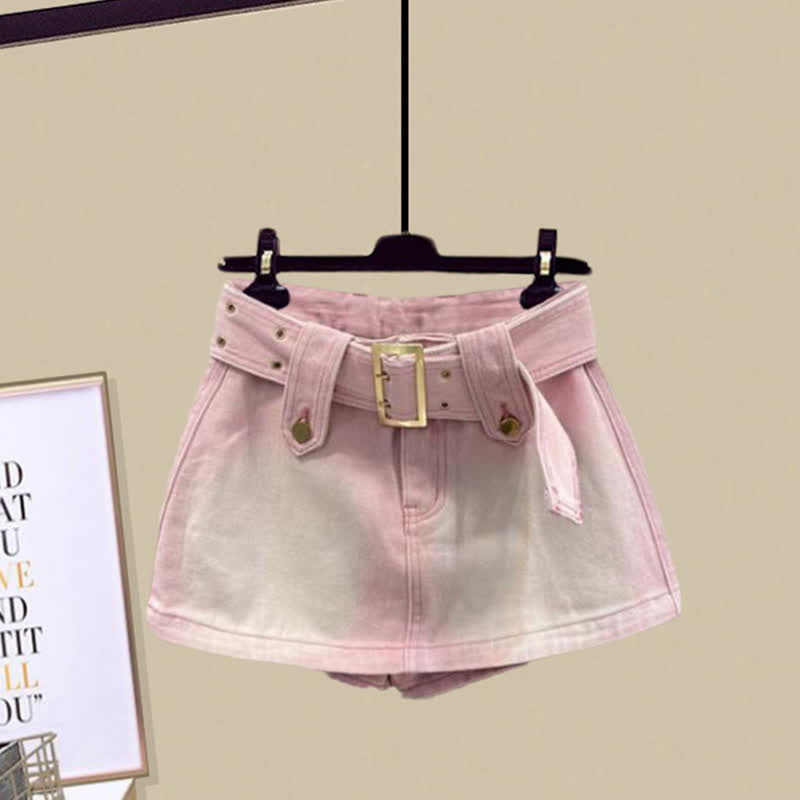 Love Heart Hollow Out Crop Top T-Shirt Pink Mini Denim Skirt