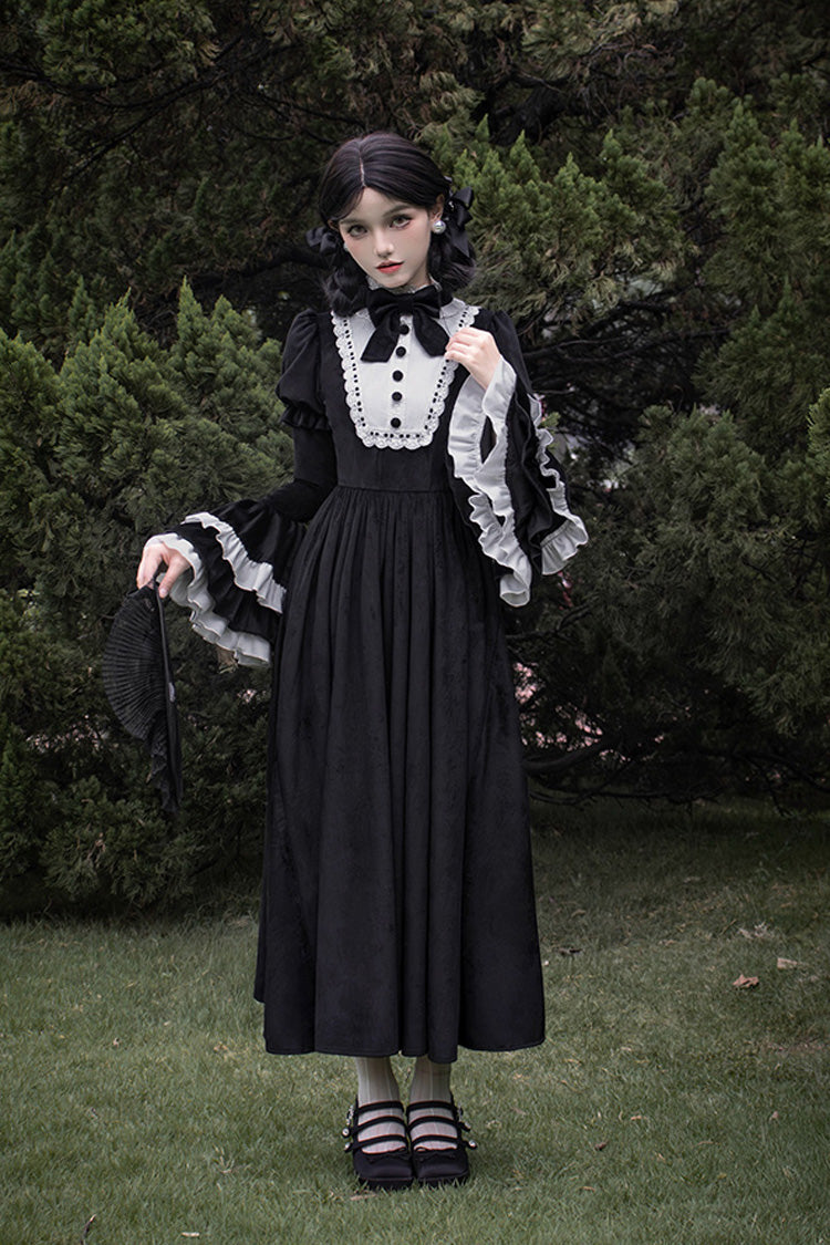 Black Sleepless Night Long Hime Sleeves Ruffle Bow Gothic Dress