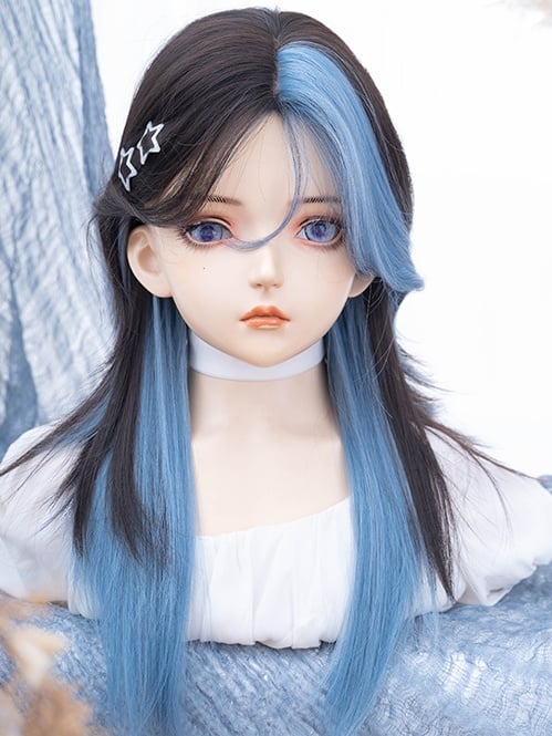 Black and Blue Highlights Long Straight Synthetic Wig