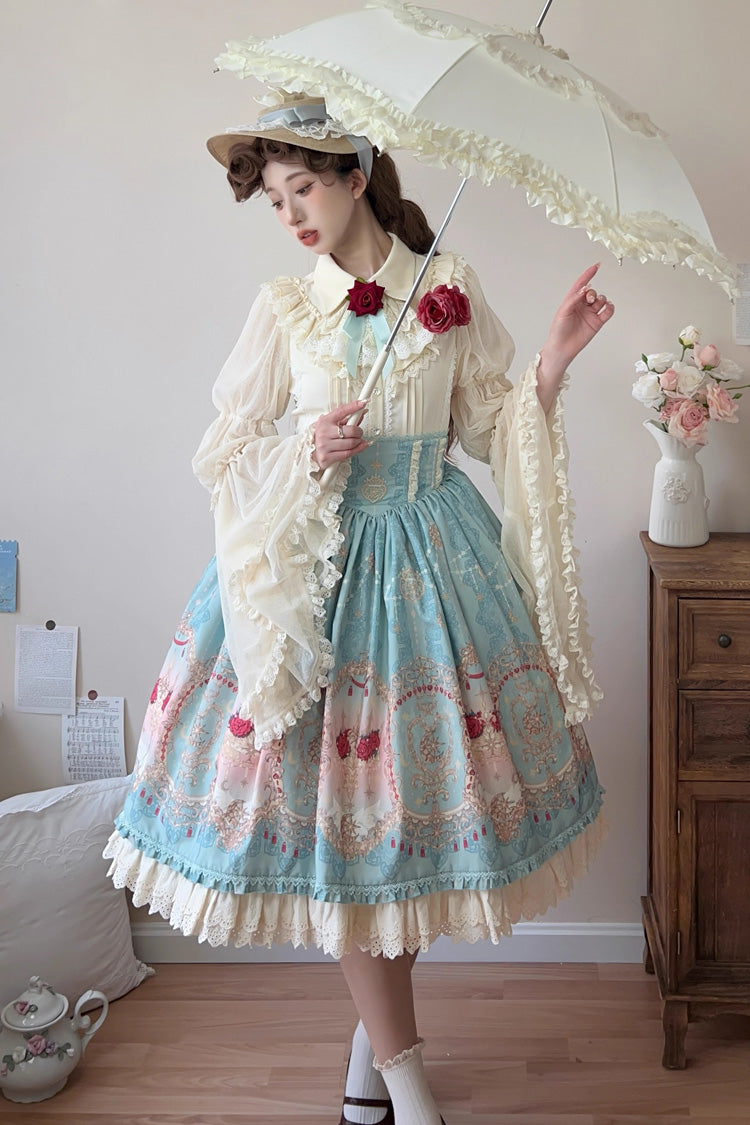 Blue Moonlit Garden Print Ruffle Lace Sweet Palace Lolita Skirt