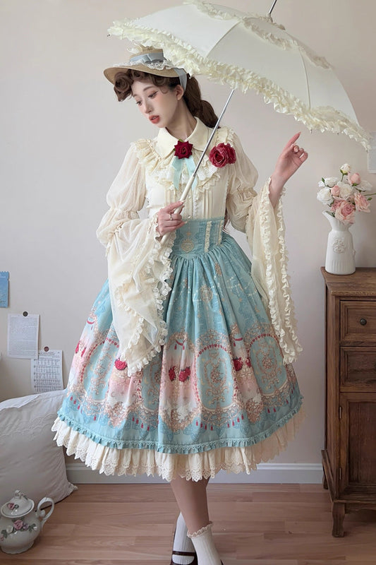 Blue Moonlit Garden Print Ruffle Lace Sweet Palace Lolita Skirt