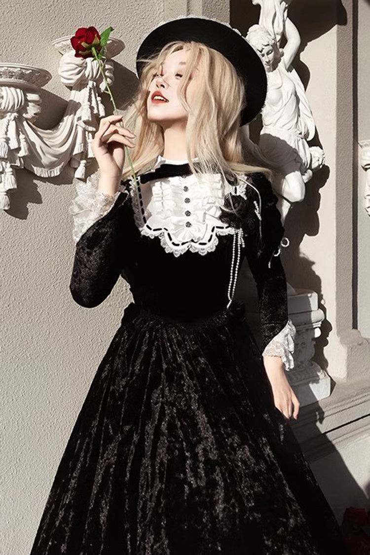 Noir Long Sleeve Ruffle Bow Lace Gothic Dress - Whispering Castle