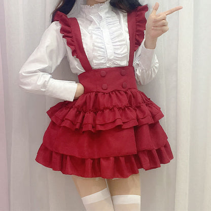 Lolita Red Button Ruffled Shirt Bubble Overalls Skirt Set