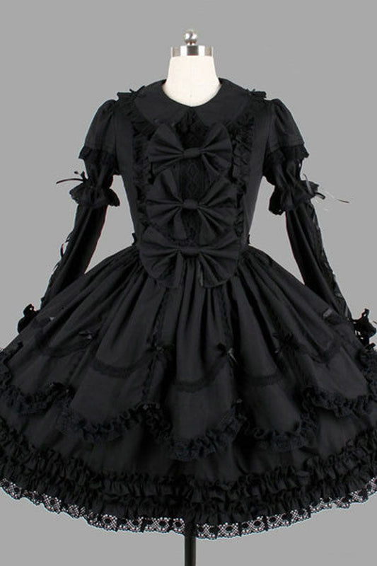 Cotton Lapel Collar Long Sleeves Knee Length Bowknot Ruffled Multi-Layer Gothic Lolita Dress