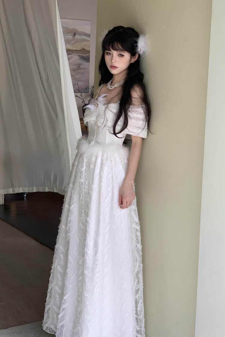 White Off Shoulder Jacquard Embroidered Bow Gothic Lolita Jsk Dress - Moonlight