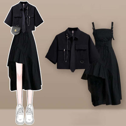 Black Pocket Lapel Tie T-Shirt Irregular Slip Dress Set