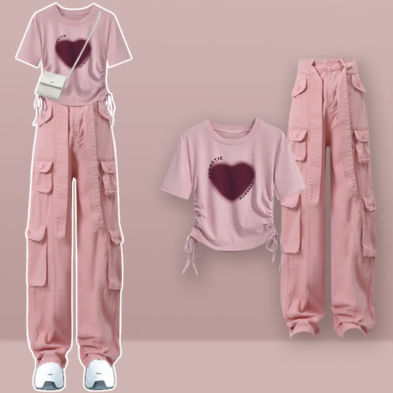 Pink Love Heart Print Crop Top T-Shirt Pink Cargo Pants