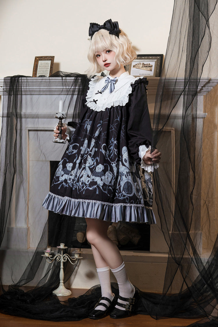 Black Bandage Bear Print Long Sleeves Ruffle Bow Lace Gothic Dress
