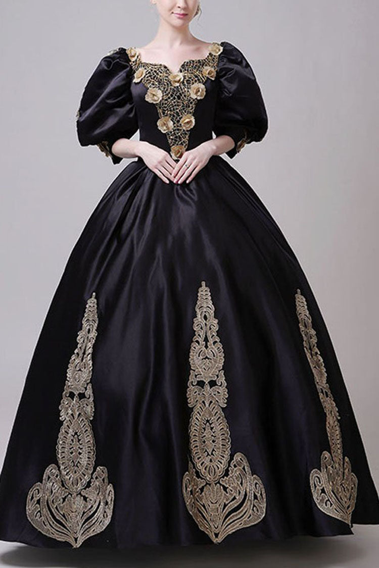 Golden Floral Hollow Print Victorian Gown - Boat Neck Half Sleeves