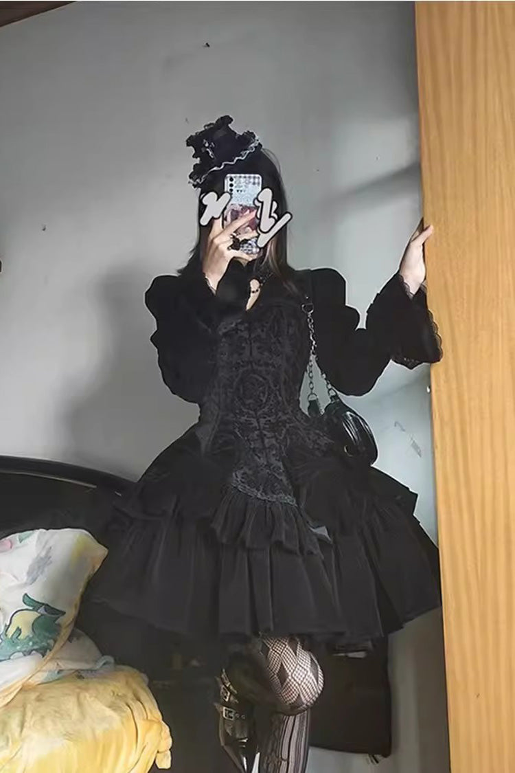 Black Gothic Lolita Long Sleeve Jacquard Print Ruffle Dress