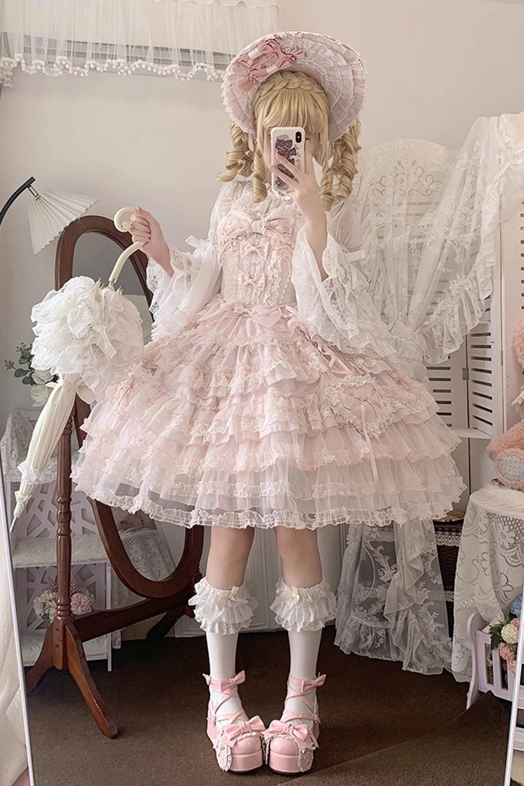 Rosy Ruffle Cascade Bow Embellished Sweetheart Lolita Jumper Dress - Sweetheart Diary