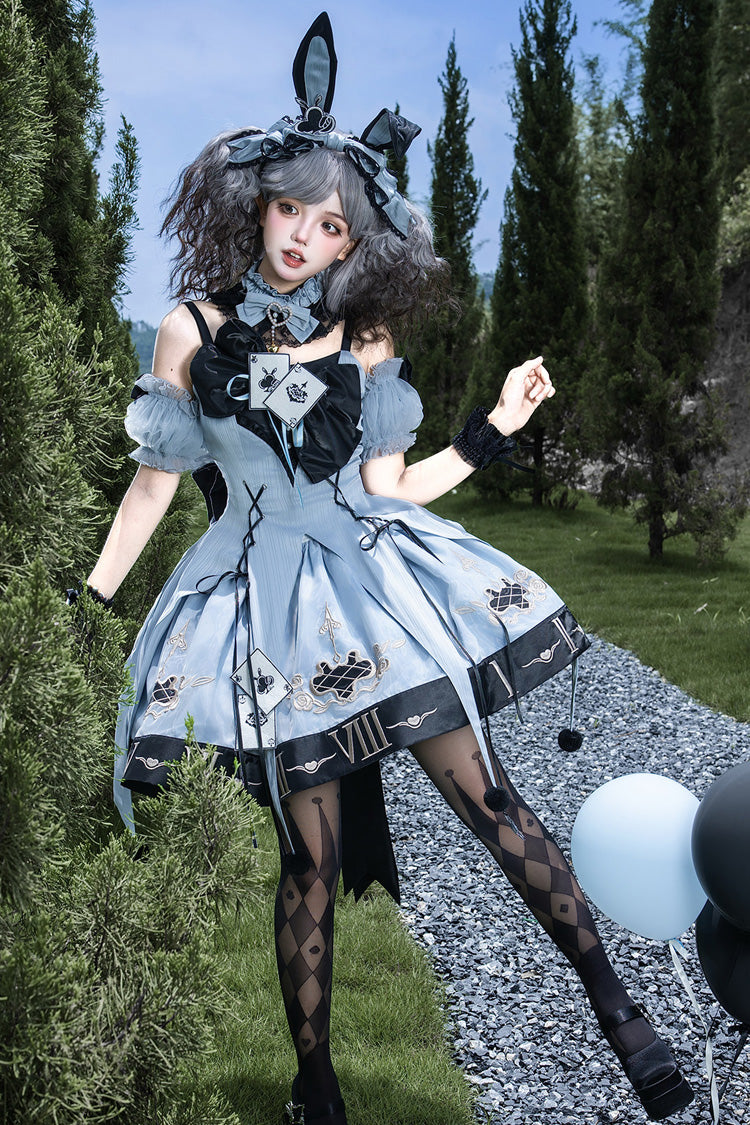 Clock Rabbit Card Game Sleeveless Jacquard Ruffle Embroidered Bow Gothic Jumper Dress