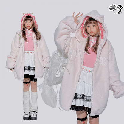 Pastel Punk Bunny Kitty Ears Hood Plush Coat