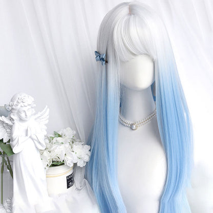 Gradient Blue Long Straight Curly Wig With Bangs